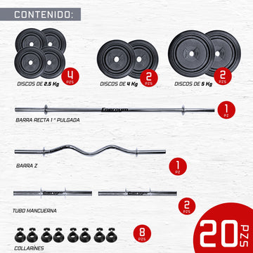 Kit de Pesas y Mancuernas, Barra Z (28 Kg) - Energym