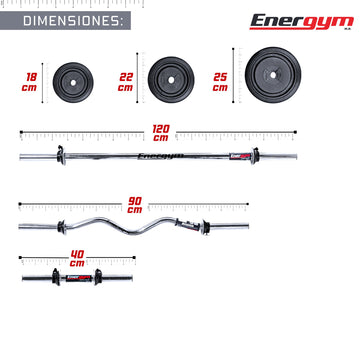 Kit de Pesas y Mancuernas, Barra Z (28 Kg) - Energym