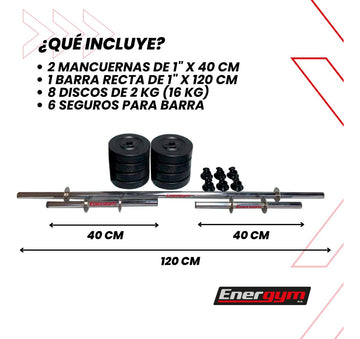 Mancuernas Y Barra Recta, Kit De Pesas 16 Kg - Energym